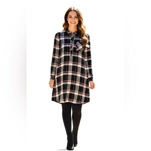 J Jill Womens Sz S Lyocell Plaid Roll Tab Long Sleeve Pockets Henley Tunic Dress